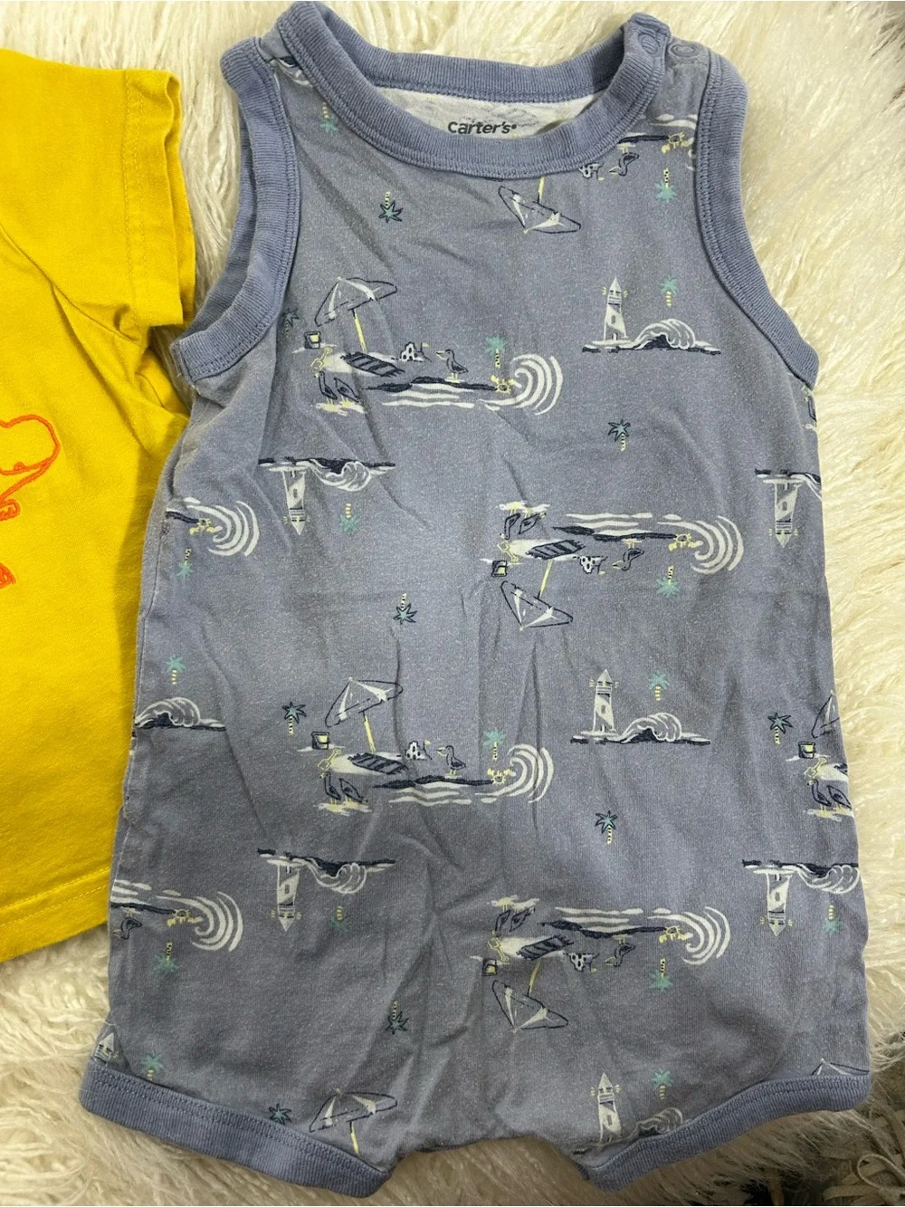 Carter's Baby Boy 12M Lot 2pc Yellow Dinosaur Tee Blue Beach Romper